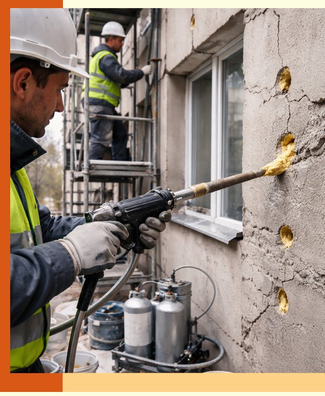 Заполнение пустот в фасаде и утепление стен в Нововоронеже